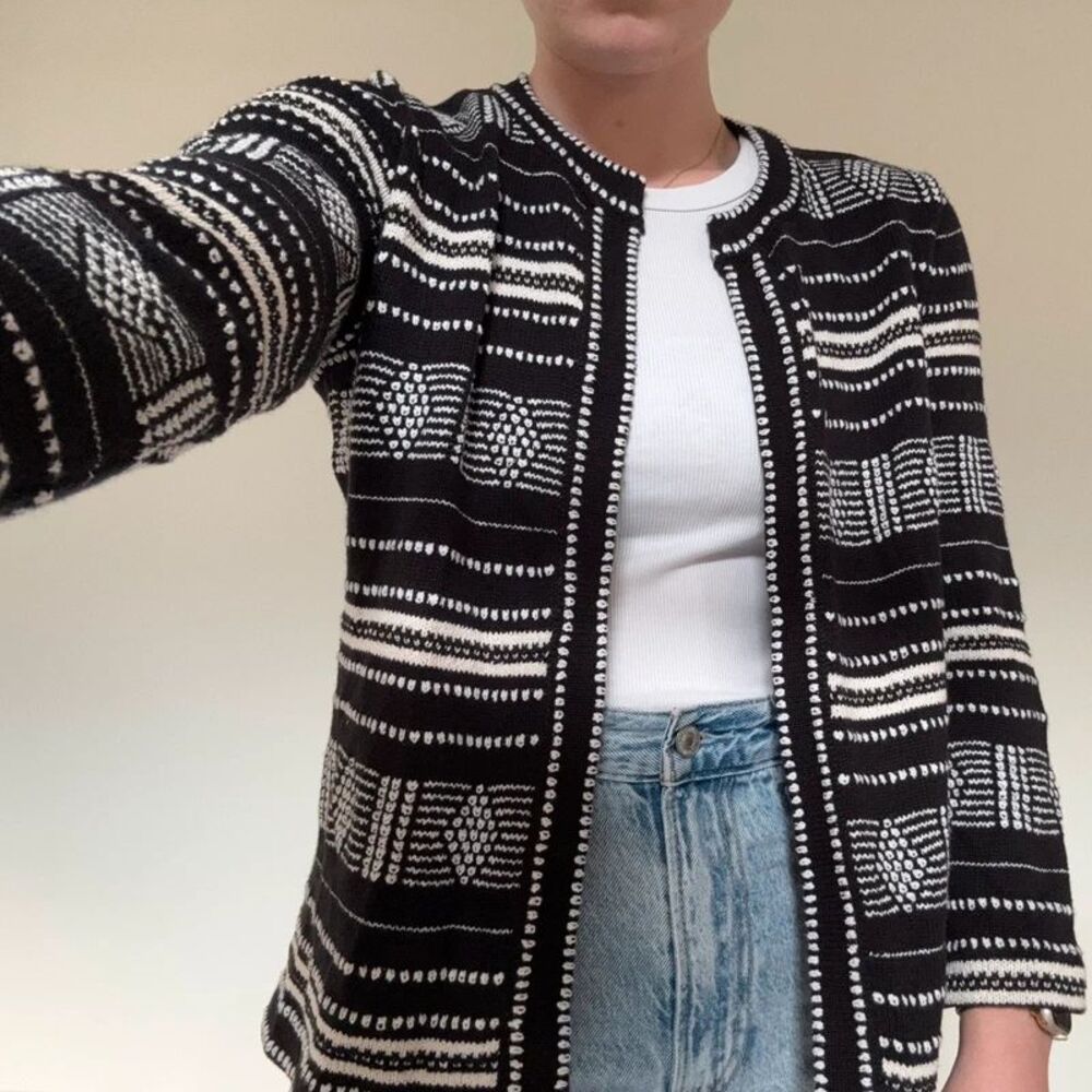 NWT Loft Black & White Geometric Knit Open Cardigan Jacket – Size Small